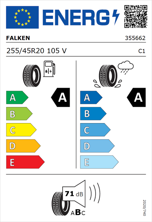 Tyre Label for Falken E.Ziex 255/45R20 105V