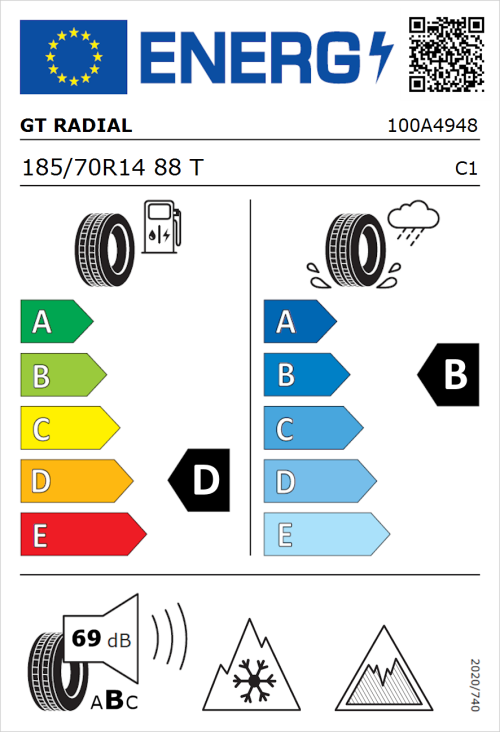 Tyre Label for GT Radial WinterPro 2 evo 185/70R14 88T
